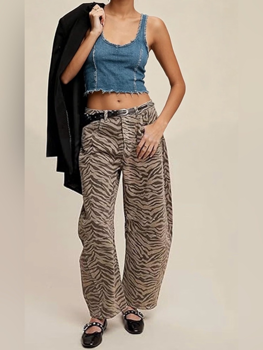 High-Rise Zebra Print Wide-Leg Jeans - Taupe/Black